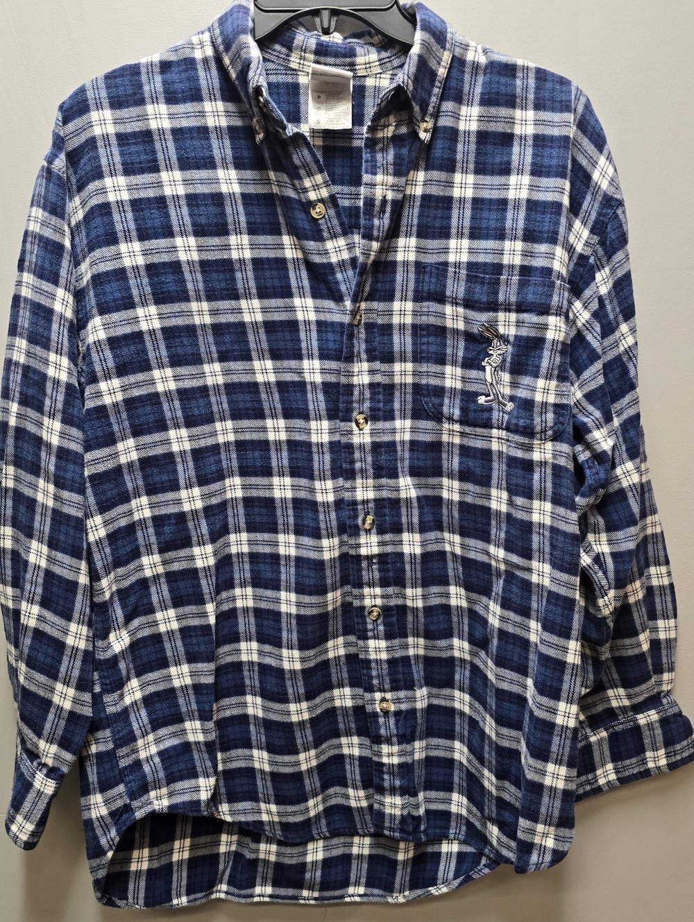 Looney Tunes Bugs Bunny Button Down Shirt Mens Small Blue Plaid Flannel Vintage